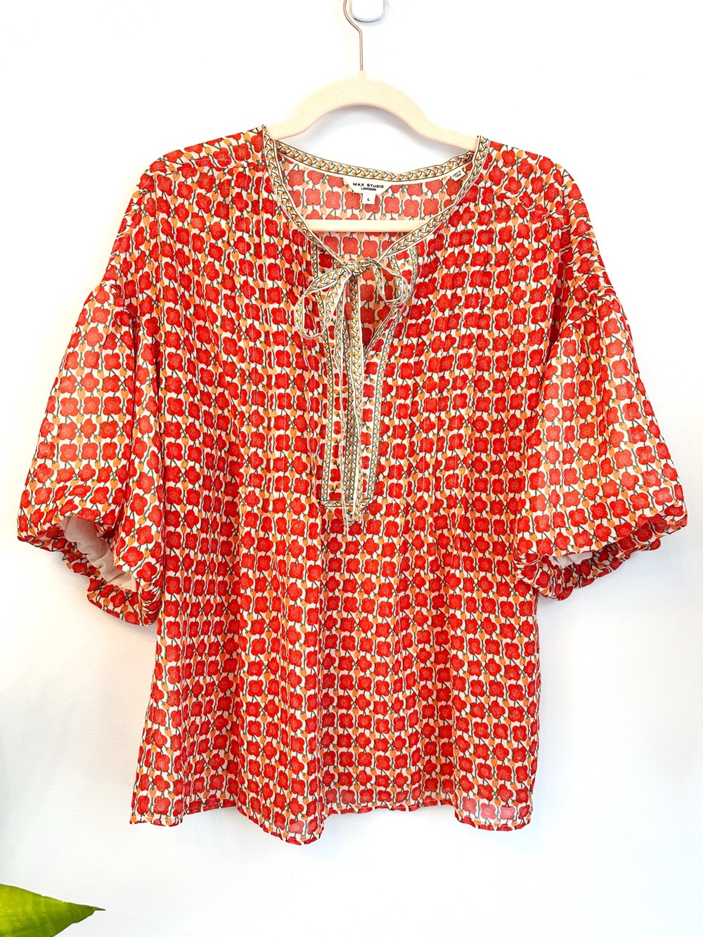 Abstract Poppy Flower Chiffon Floral Print Tie-Neck Prairie Blouse B2